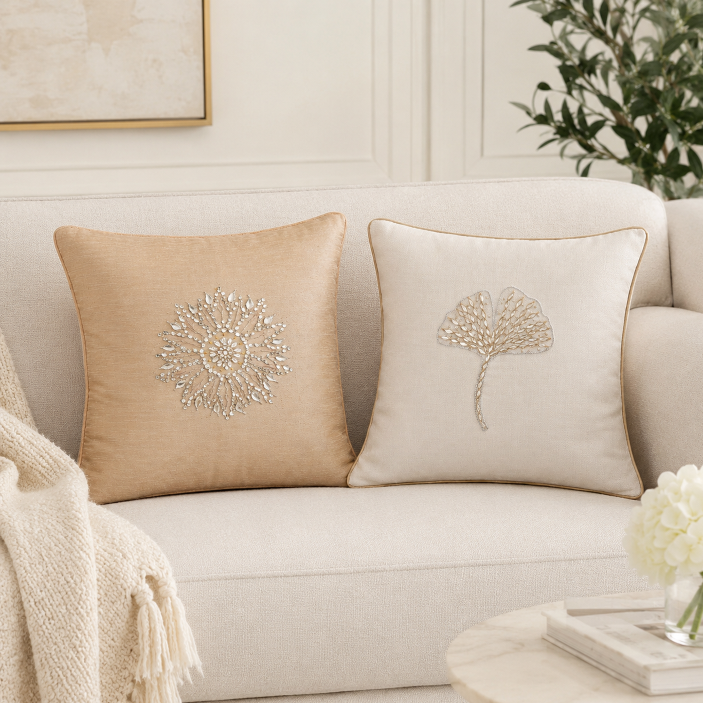 Ivory Leaf Cushion Cover